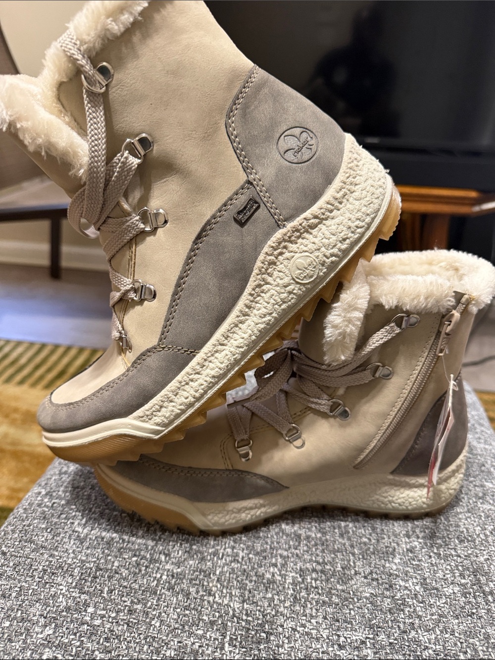 Rieker Women's Beige and Gray Fur-Trim Lace-Up Winter Boots